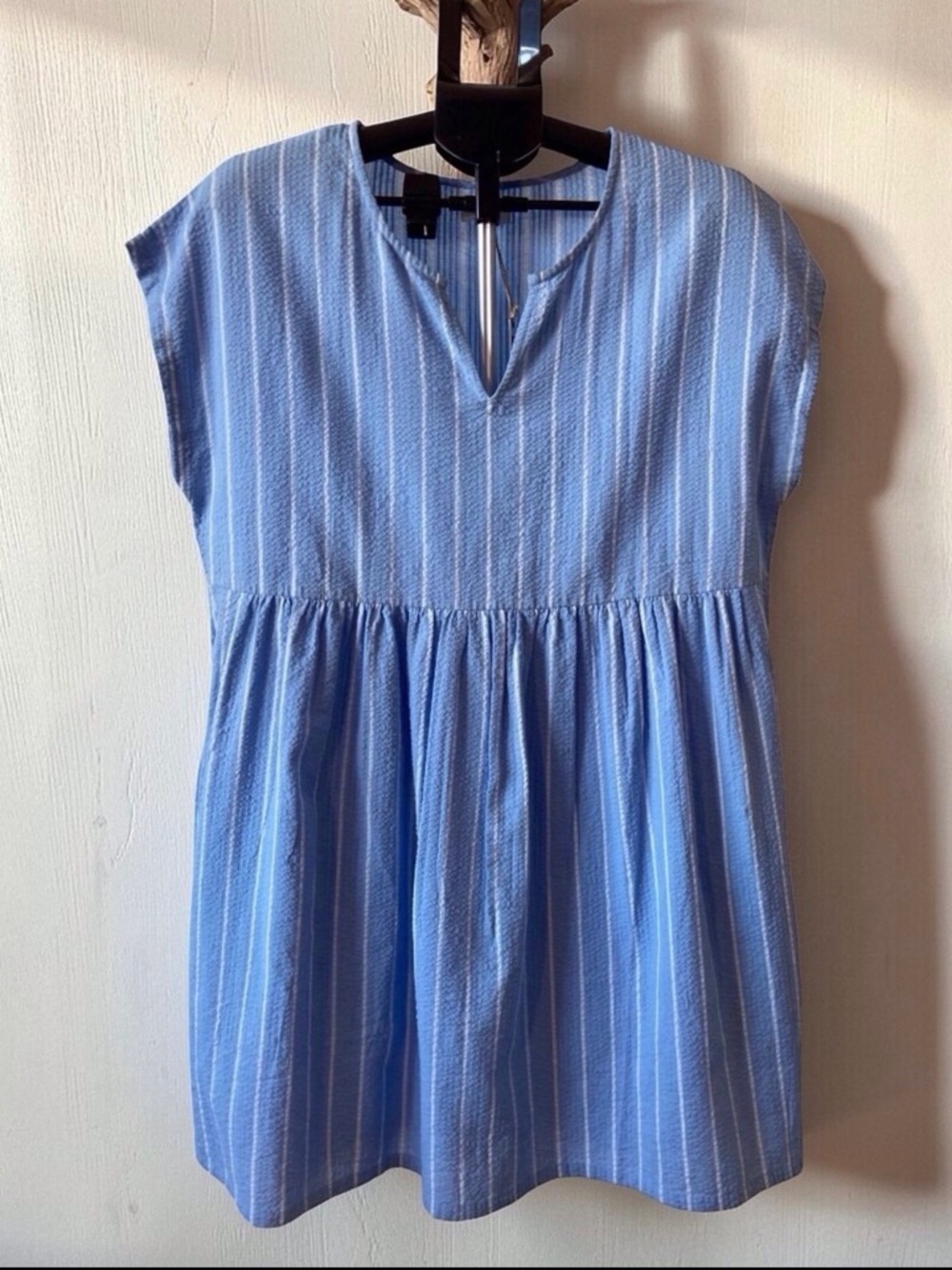 World Market Blue Stripe Seersucker Babydoll Tunic Dress NWT One Size Summer